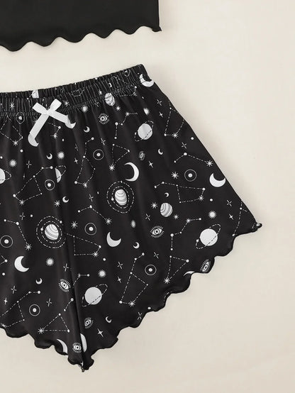 Summer Sleepwear for Women Pajamas Set Star Moon Printed Sleeveless Sling Crop Tops and Shorts Set Homewear Loungewear Pijama