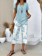 Lady Summer Casual Cropped Pants Two-piece Set Fashion Solid Color Top+printed Pants Suit Women's Irregular Hem Tops Outfit