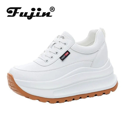 Fujin 8cm Heel Sneakers Genuine Leather White Platform Sneakers for Women Chunky Platform Women Fashion Sneaker Shoes Wedge Heel