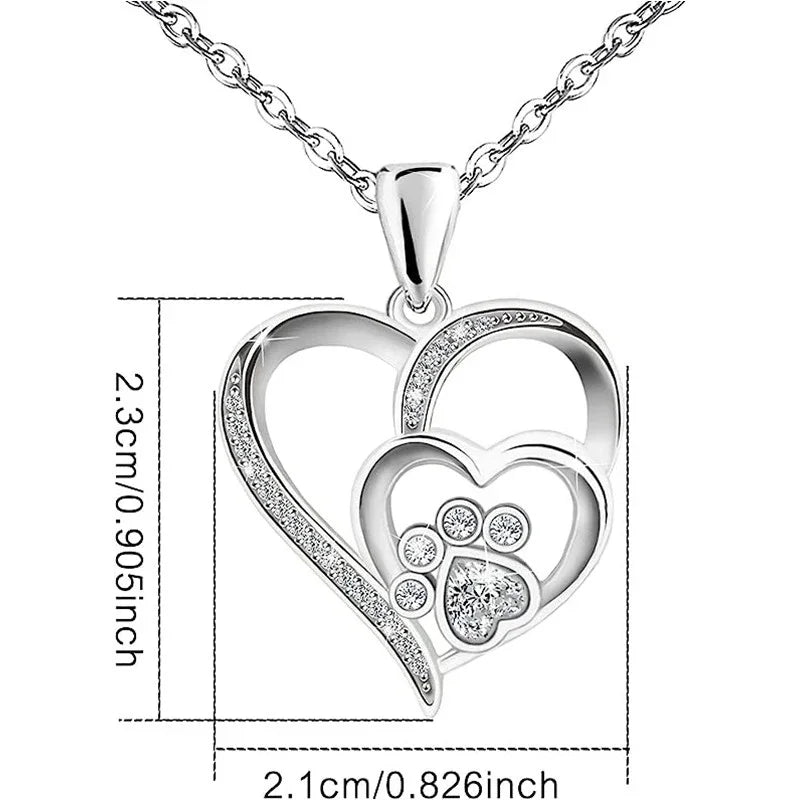 Huitan Sweet Paw Print Shaped Women Pendant Necklace Double Heart Elegant Accessories Inlaid Shiny CZ for Wedding Daily Jewelry