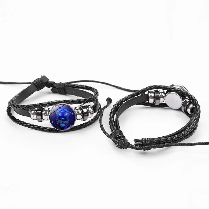 New Men 12 Constellation Black Braided Leather Bracelet Punk Style Zodiac Sign Multilayer Weave Wrap Bracelet For Birthday Gifts