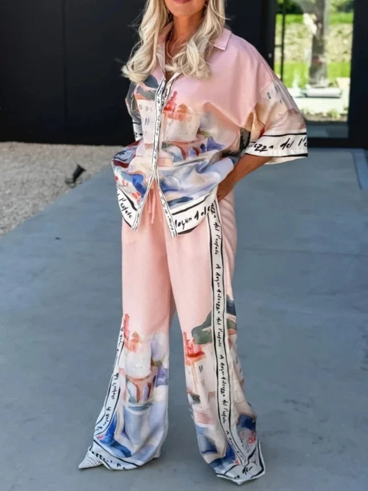 2 Pieces Set for Woman Summer New Elegant Printed Half Sleeves Shirt