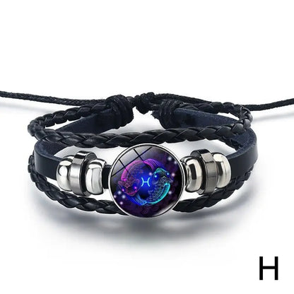 12 Constellation Gem Leather Bracelet Men Women Glass Bracelet