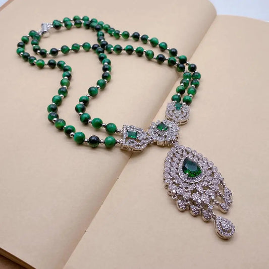 Y·YING 2 Strands Green Tiger Eye Cz Pave Pendant Necklace Gemstone Necklaces Jewelry Women