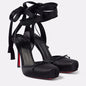 European and American Niche High-heeled Square Toe Ankle Strap Satin Bow Ballet Toe Cap Red Sole Plus Size Women's Sandals