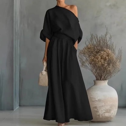 Elegant Two-Piece Short Sleeve Top & Casual Pants Set Woman Sexy Slash