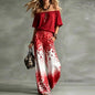 Vintage Printed One Shoulder Short Sleeve Women T-Shirts Pocket High Waist Wide Leg Pants Suit Women Casual Two Piece Set