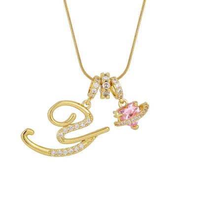 Fashion Letter Necklace for Women Pink Zircon Heart-shaped Pendant Suitable for Girls to Wear Personalized Gold-plated Jewelry