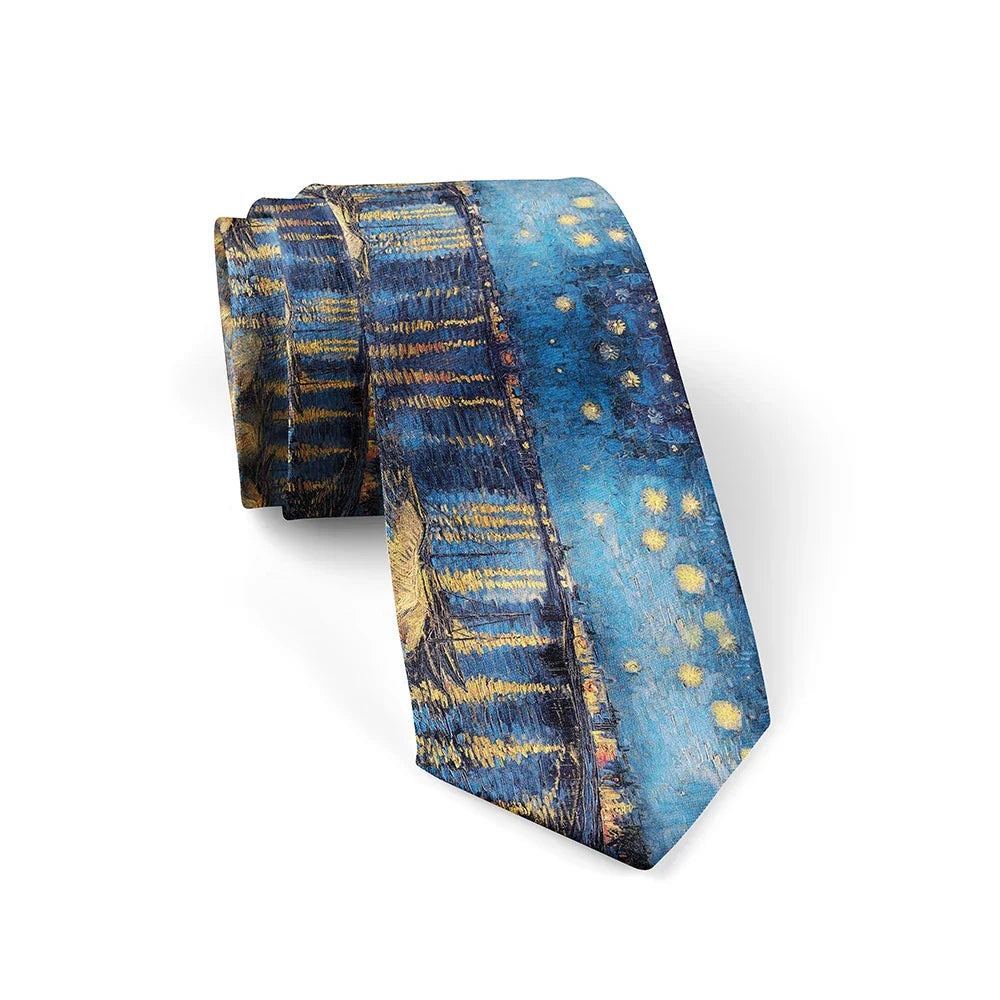 New 3d printed oil painting tie men's fun fashion business tie wedding party shirt accessories Van Gogh starry sunflower