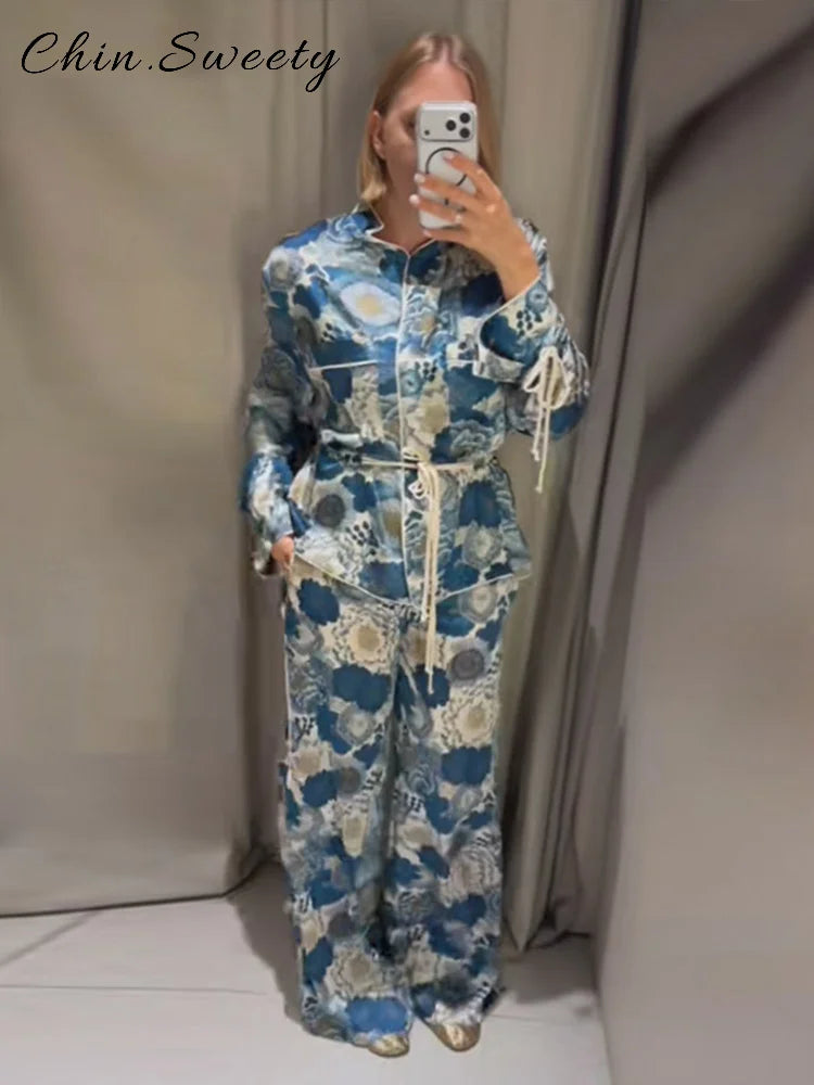 Casual Women's Printed Blouses Pant Set Loose Long Sleeve Lapel Lace