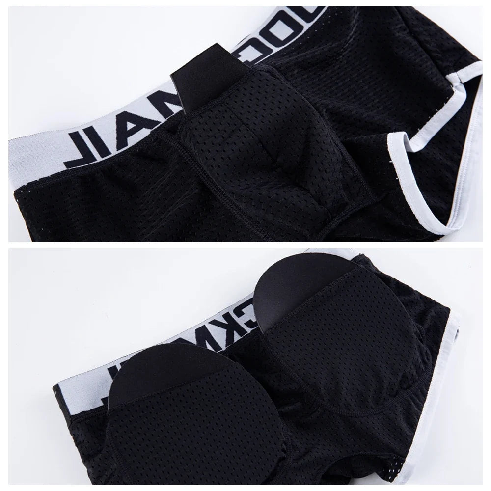 JOCKMAIL Sexy Men underwear Boxers Men's Padded Enhancing Removable front and bottom Breathable Mesh Gay Underwear Spring summer