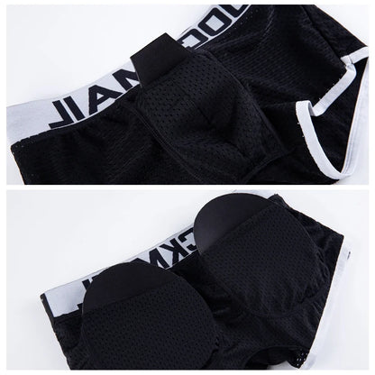 JOCKMAIL Sexy Men underwear Boxers Men's Padded Enhancing Removable front and bottom Breathable Mesh Gay Underwear Spring summer