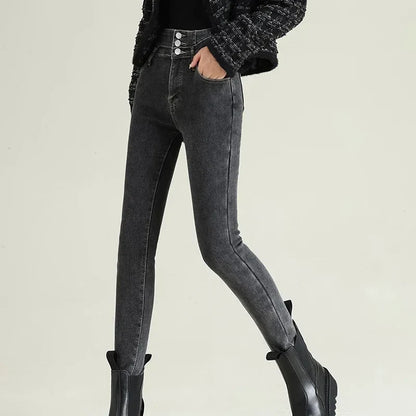 New Women's High Waist Stretch Jeans Blue Black Gray Fashionable and Versatile Multi-button Popular Slim Denim Long Pants Female