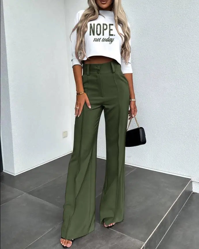Casual Long Sleeve Shirt Pants Set Office Lady Spring Autumn Fashion