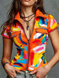 Women's Fashion Sexy Imitation Denim Print Short Sleeve Shirt with Real Pockets, Print Design, No Texture