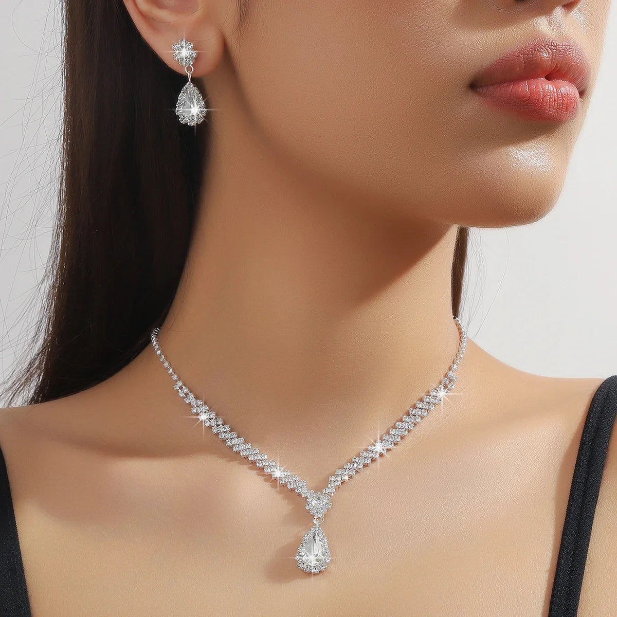 3 Pieces Of Fashionable Women's Water Drop Necklaces And Earrings Set For Wedding Season, Banquet And Party Accessories-2910