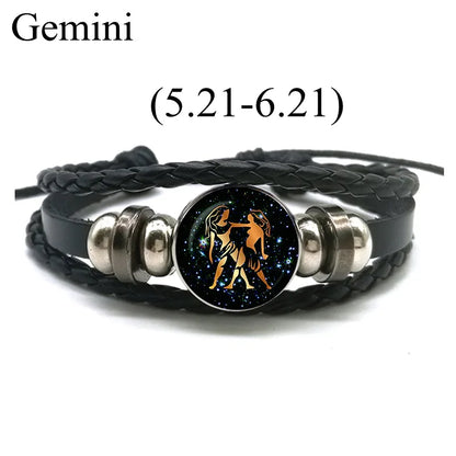 12 Zodiac Signs Leather Bracelet for Men Women Virgo Libra Scorpio Aries Taurus  Braided Rope Bracelets Birthday Gift Wholesale