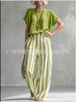 Fashion Linen Printed Striped Trousers Short-sleeved Women 2piece Set Summer New Retro Loose Wide-leg Trousers Female Casual Set