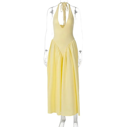 Talenza Backless Deep V Spliced Long Dress Summer Women's Sexy Party Dress Halter New Fashion Slim White Sleeveless Long Dress