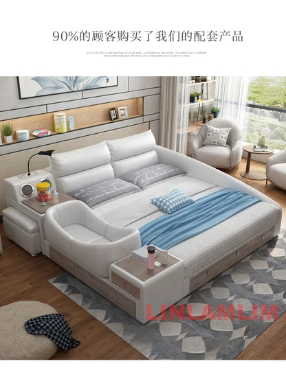 Modern Multifunctional Genuine Leather Platform Bed Frame, King Size Upholstered Family Bed with Integrated Baby Crib, Drawers