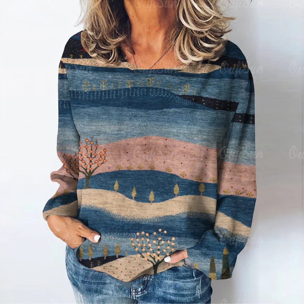 Women's natural landscape print T-shirt long sleeve T-shirt autumn casual women's fashion camel desert print long sleeve