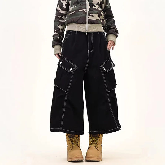 Retro American Washed Multi-Pocket Workwear Denim Shorts Unisex Black Summer Street Loose Seven-Foot Trendy Jeans Cotton