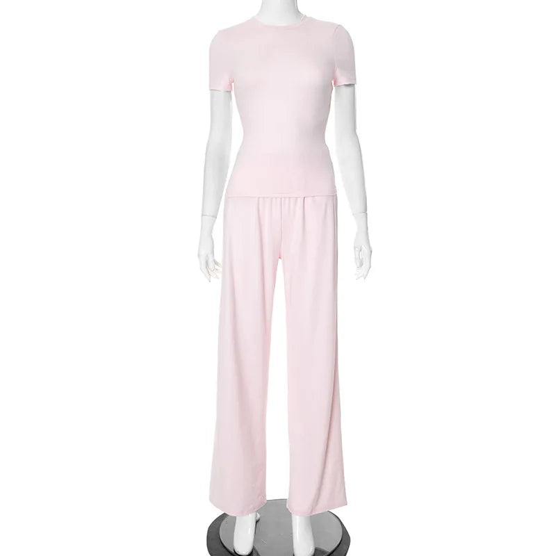 Casual Long Pants Suits Women O-Neck Short Sleeve T-Shirt Elastic