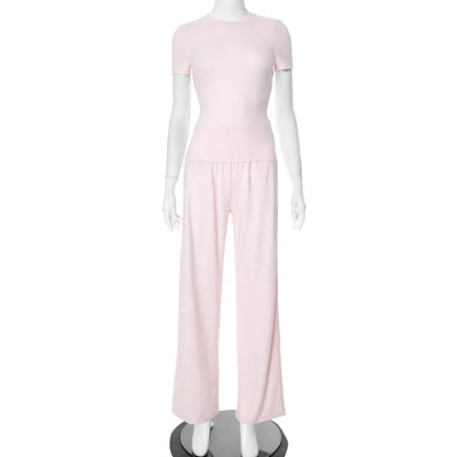 Casual Long Pants Suits Women O-Neck Short Sleeve T-Shirt Elastic
