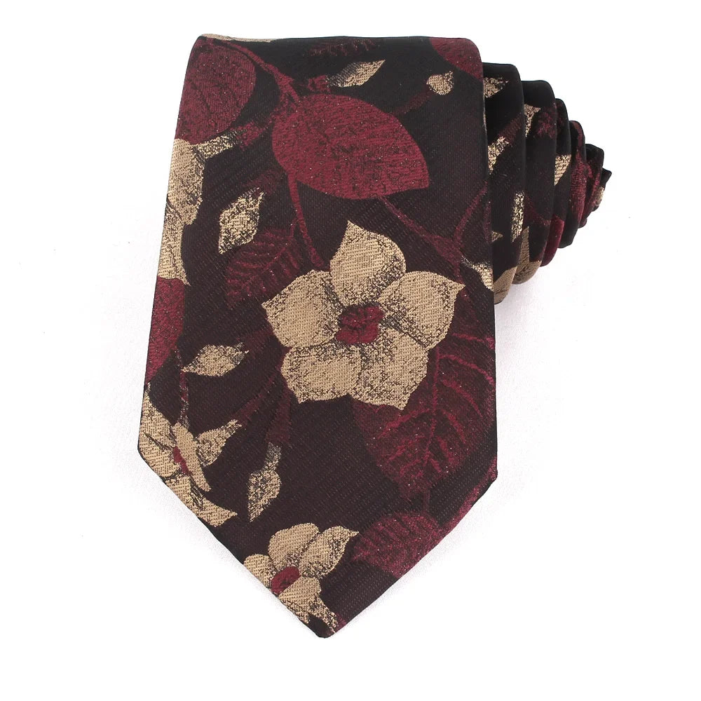 NEW 8cm Wide Tie For Man Jacquard Necktie Luxury Flower Business Neck Tie Suit Cravat Dark Red Ties For Wedding Party Men Gift