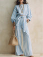 Women New Striped Long-sleeved Shirts Trousers 2piece Set Fashion Casual Ultra-short Top Waisted Lace-up Loose Wide-leg Long Set