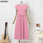 VONDA Women Plus Size Sets Elegant 2PCS Solid Color Two-piece Outfits Short Sleeve Summer Tops Long Skirts Streetwear Dress Sets