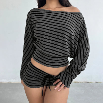Women Summer 2 Piece Outfits Fall Stylish Long Sleeve Off Shoulder Striped Crop Tops and Elastic Waist Shorts Set Y2k Clothes