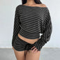 Women Summer 2 Piece Outfits Fall Stylish Long Sleeve Off Shoulder Striped Crop Tops and Elastic Waist Shorts Set Y2k Clothes