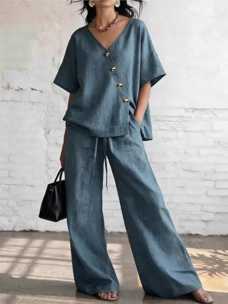Casual Cotton Loose Pants Sets Women Summer Fashion Short Sleeve