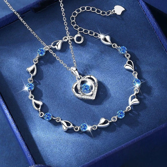 925 Sterling Silver Heart Shaped Necklace Bracelet Set for Women