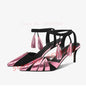 Golden Leaves Wrapped Heeled Sandals Women Fashion Metallic Leather Pointed Toe Shoes Sexy Two Tone Lace Up Fringes Sandals