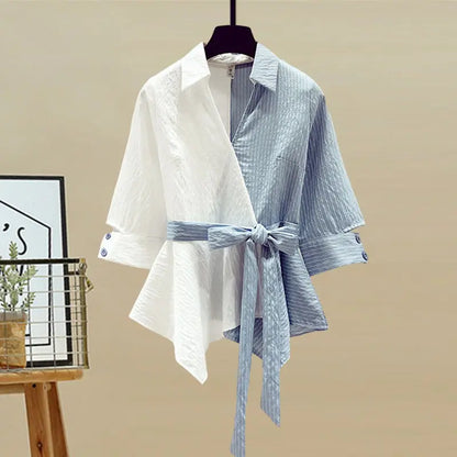 2025 Summer New Stitched Chiffon Shirt Female Set Elegant Women's Jeans Casual Blouse Two Piece Set Ladies Tracksuits