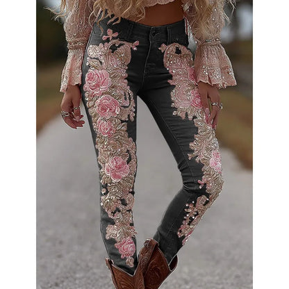 3D Floral Women's Straight Leg Jeans Fashionable and Casual Stretch