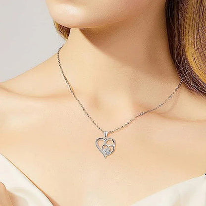 Huitan Sweet Paw Print Shaped Women Pendant Necklace Double Heart Elegant Accessories Inlaid Shiny CZ for Wedding Daily Jewelry