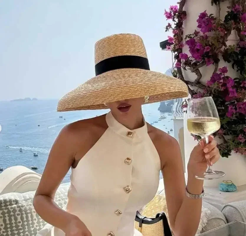Straw summer hat French elegant ladies seaside travel sun hat Hepburn style wide brim hat  햇빛가리개 모자 모자