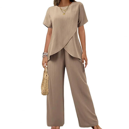 New Fashion Elegant Office Ladies Set Casual Set With Irregular Short Sleeve Blouses Loose Long Pants Two Piece Outfit Women's