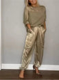 Women's Summer Fashion Solid Satin Two Piece Set Women O Neck Long Sleeved Top Long Pants Casual Loose 2 Piece Set Women Clothes