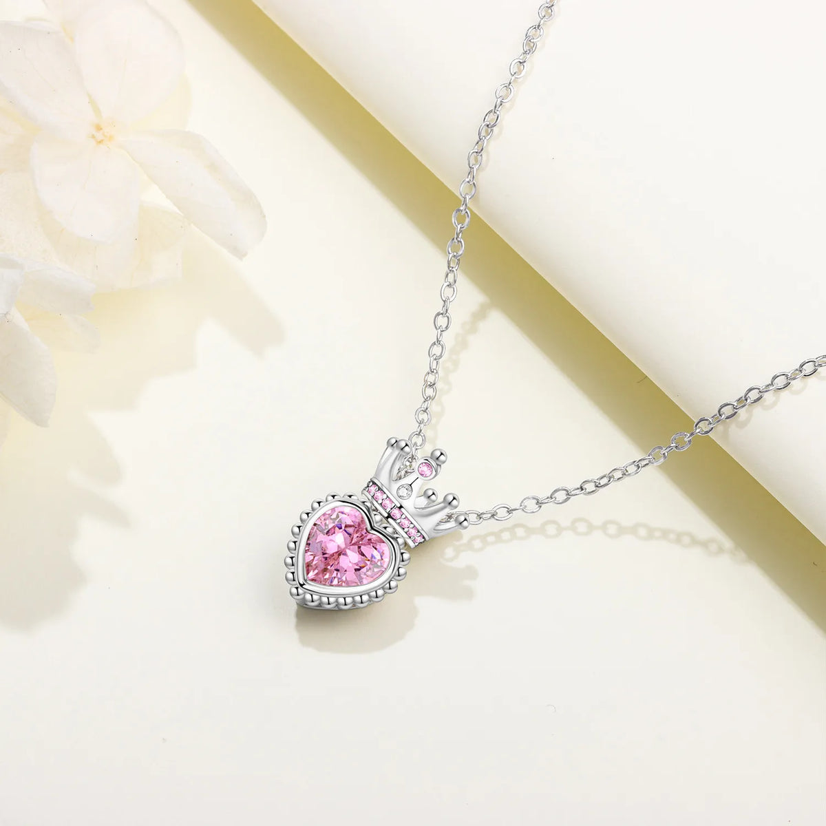 Romantic Pink Crown Heart Pendant Necklace Genuine 925 Sterling Silver Elegant Fine Jewelry for Women Wedding Holiday Presents