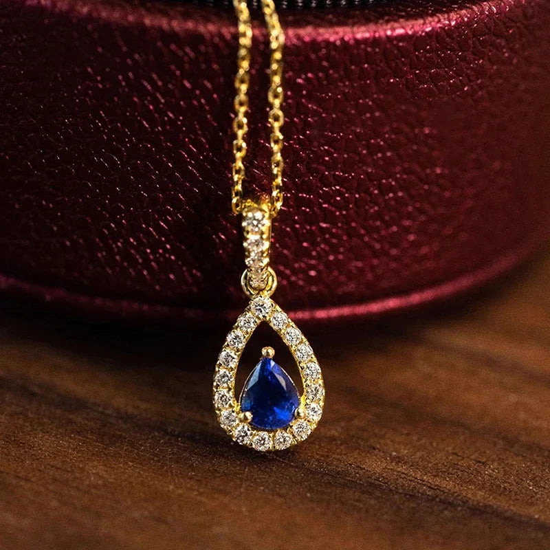 Huitan Gold Color Waterdrop Pendant with Blue Cubic Zirconia Necklace for Women Temperament Accessories Wedding Trendy Jewelry