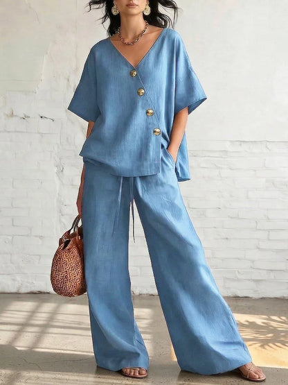 Casual Loose Pants Sets Women Summer Fashion Short Sleeve V-Neck Tops