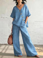 Casual Loose Pants Sets Women Summer Fashion Short Sleeve V-Neck Tops