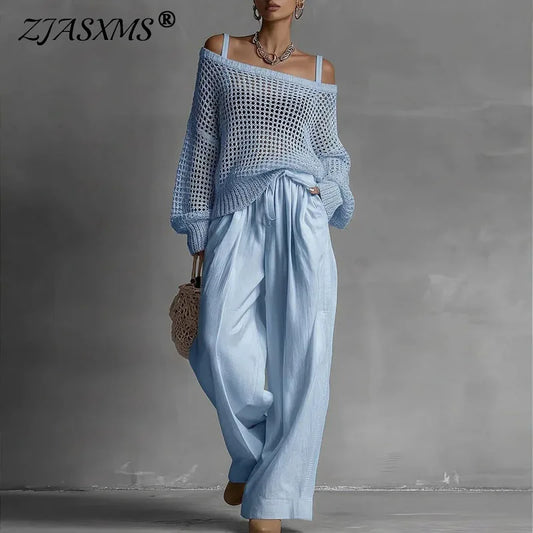Off Shoulder Hollow Knit Womens 2 Piece Set Long Sleeve High Waist Wide Leg Pants Outfit Casual Loose Summer Beach Vacation Suit