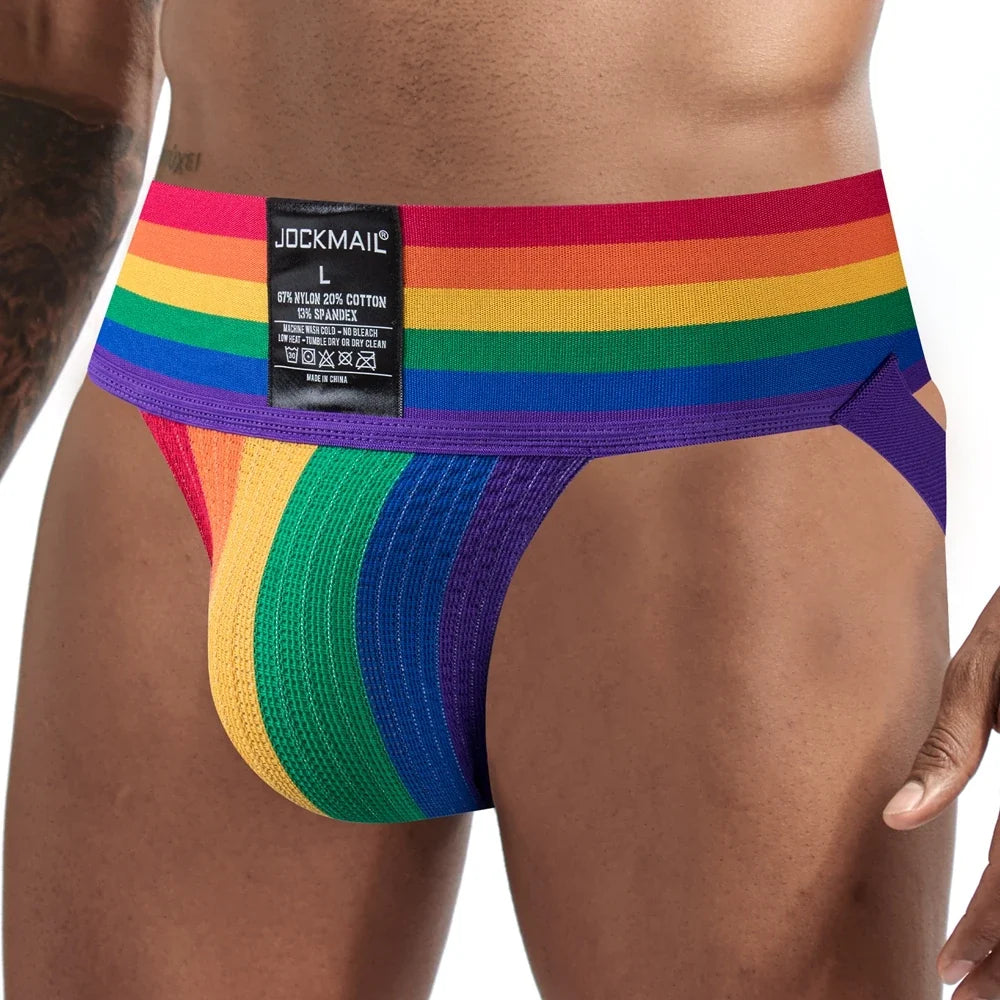 Sexy Mens Harness Underwear Sets Gay Underwear Lingerie Bondage Belts Fetish Mens Jockstrap Thong Rainbow Pattern for LGBTQ