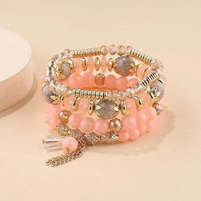 4Pcs Bohemian Women Pink Tassel Bracelet Set For Female I Love You Feather Round Charm Beads Chain Bangle Fashion Party Jewelry