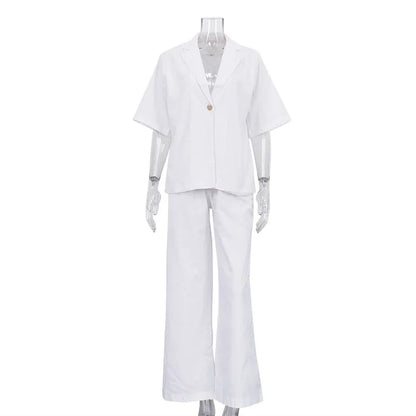 New Cotton Turn-Down Collar Half-Sleeve Top Wide-Leg Pants Two-Piece